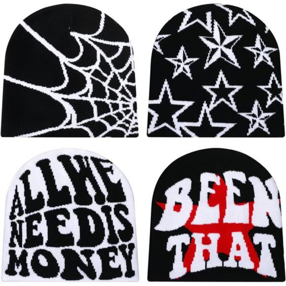 Ramedeโ 4 Pcs Y2k Beanie Pack - Double Sided Graphic Beanies for Men and Women,